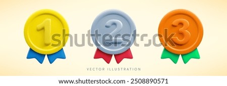 Vector cartoon 3d medal with numbers and ribbons realistic icon set. Trendy gold, silver and bronze round award, abstract cute badge warranty sign. 3d render metallic certificate badge collection.