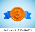 Vector cartoon 3d medal realistic icon with with number three and blue horizontal ribbon. Trendy bronze round third place sport or business award, abstract victory badge, 3d render warranty sign.