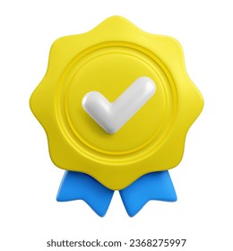 Vector cartoon 3d medal realistic icon with yes check mark and ribbon. Trendy gold award, approved or certified sign. 3d render plastic illustration