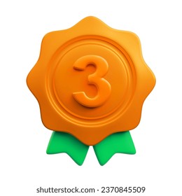 Vektor Cartoon 3d Medaille realistisches Symbol mit Nummer 3 und Band. Trendy Bronze Round Award, abstraktes 3. Platz Badge Schild. Illustration zum 3D-Rendering-Plastikzertifikat