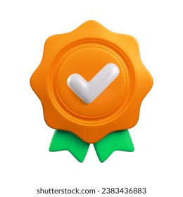 Icono de 3d medalla realista con marca de verificación sí y cinta. Galardón de bronce en 3d de moda, aprobado o certificado