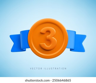 Vector de dibujos animados 3D medalla icono realista con el número tres y la cinta Horizontal azul. Bronce de moda redondo tercer lugar deporte o premio de negocios, insignia abstracta de la victoria, 3d render signo de Garantía.