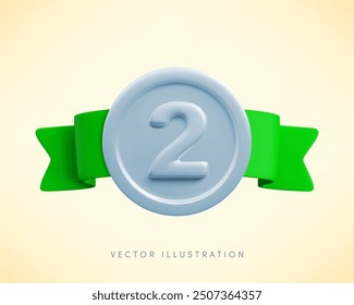 Vector cartoon 3d medal realistic icon with with number two and green horizontal ribbon. Trendy silver round second place sport or business award, victory badge, 3d render metallic warranty sign.