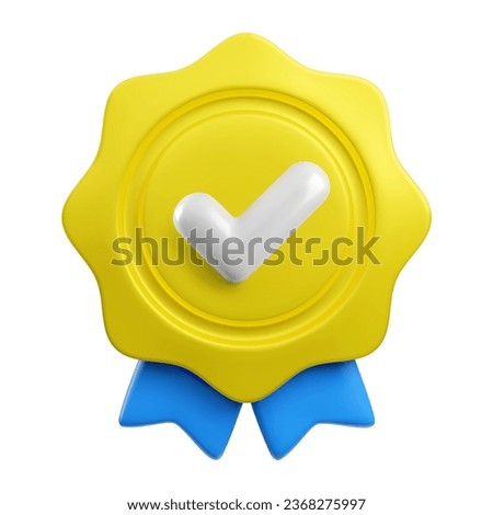 Vector cartoon 3d medal realistic icon with yes check mark and ribbon. Trendy gold award, approved or certified sign. 3d render plastic illustration