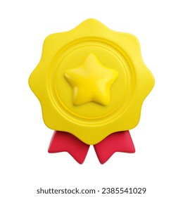 Medalla 3d de dibujos animados vectoriales con icono realista de estrellas y cintas rojas. Galardón ondulado dorado de moda, signo de insignia abstracta del ganador. Ilustración de la tarjeta de certificado de garantía de calidad de plástico 3d.