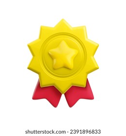 Vector cartoon 3d medal with star and red ribbons realistic icon. Trendy gold round starburst shape award, abstract winner badge sign. 3d render metallic quality warranty certificate badge isolated.