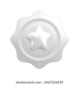 Vector cartoon 3d medal with star realistic icon. Trendy silver round wavy award, platinum winner badge sign. 3d render chrome metallic quality warranty certificate badge on white background.