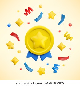 Vector cartoon 3d medal with star, blue ribbons and confetti on yellow background. Trendy realistic gold round award, festive winner badge sign. Cute 3d render best quality certificate illustration.