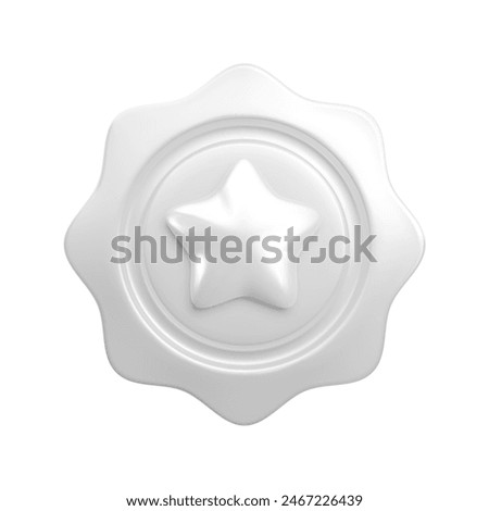 Vector cartoon 3d medal with star realistic icon. Trendy silver round wavy award, platinum winner badge sign. 3d render chrome metallic quality warranty certificate badge on white background.