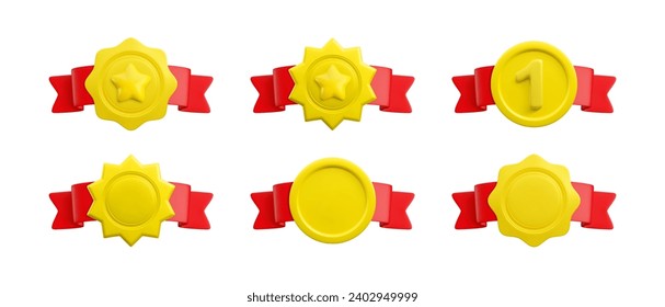 Vector cartoon 3d medals set on red horizontal folded ribbon. Round, wavy, starburst badges realistic icon with star, number 1 and empty. Trendy gold sport or business award 3d render.
