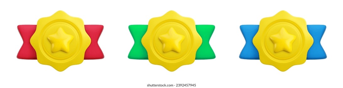 Vector cartoon 3d medals with star and wide ribbon realistic icon. Trendy gold round award set, abstract winner badge sign. 3d render plastic quality warranty certificate badge illustration.