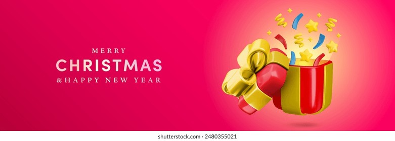 Vector Cartoon 3d Merry Christmas horizontal banner, festive red gift box and greetings on red background. Cute open present with gold bow, flying stars and confetti. 3d render surprise illustration.