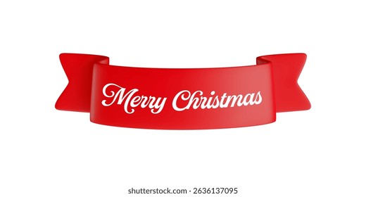 Vector cartoon 3d Merry Christmas red ribbon banner, realistic 3d decorative design element with text for holiday design, new year greeting card, decor, Xmas sticker.