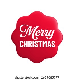 Vector cartoon 3d Merry Christmas sticker medal realistic icon. Cute red round wavy season greetings label, Christmas gift tag, Xmas badge. Decorative element with lettering, winter holiday seal badge