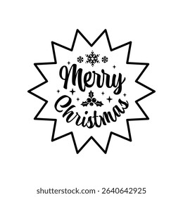 Vector cartoon 3d Merry Christmas starburst sticker medal line icon. Red round sunburst season greetings label, Christmas gift tag, Xmas stamp. Winter holiday seal badge, lettering decorative element.