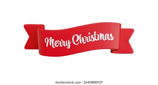 Vector cartoon 3d Merry Christmas red ribbon banner, cute realistic 3d decorative design element with text for holiday design, new year greeting card, decor, Xmas sticker, app.
