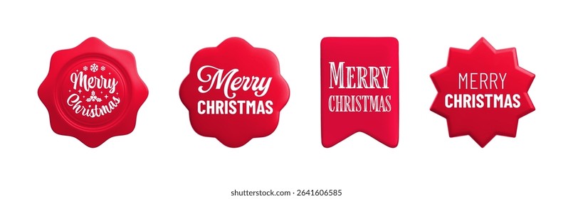 Vector cartoon 3d Merry Christmas sticker medal realistic icon set. Red round wavy, starburst, bookmark season greetings label, Christmas gift tag, Xmas badge. Winter holiday seal badge with lettering
