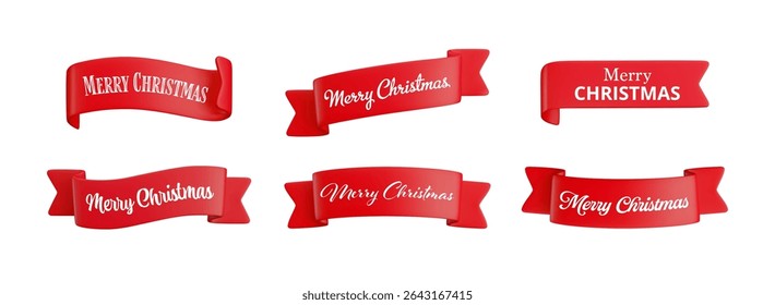 Vector cartoon 3d Merry Christmas red ribbon set. Realistic 3d decorative design element collection with text for holiday design, new year greeting card, decor, Xmas sticker, banner.