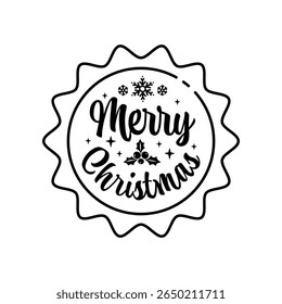 Vector cartoon 3d Merry Christmas sticker medal line icon. Red round wavy season greetings label, Christmas gift tag, Xmas badge stamp. Winter holiday seal badge, decorative element with lettering.