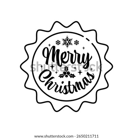 Vector cartoon 3d Merry Christmas sticker medal line icon. Red round wavy season greetings label, Christmas gift tag, Xmas badge stamp. Winter holiday seal badge, decorative element with lettering.