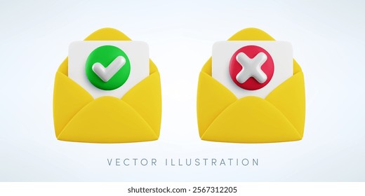 Vector cartoon 3d message checkmark icon set. 3d render approved and rejected open envelope sign, yes or no document check mark, checked mail, electronic mail symbol for mobile app, game, web