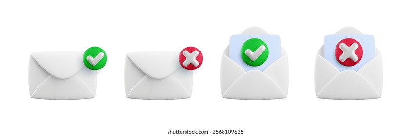 Vector cartoon 3d message checkmark icon set. 3d render approved and rejected open and closed envelope sign, yes or no document notification, checked mail, electronic mail delivery symbol for web, app