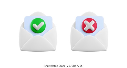 Vector cartoon 3d message checkmark icon set. 3d render approved and rejected open envelope sign, yes or no document check mark, checked mail, questionnaire, electronic mail symbol for web, mobile app