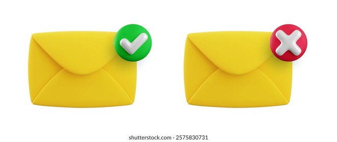 Vector cartoon 3d message checkmark icon set. 3d render approved and rejected yellow envelope sign, yes or no document notification, checked mail, electronic mail delivery symbol for mobile app, web.