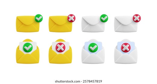 Vector cartoon 3d message checkmark icon set. 3d render approved, rejected open and closed envelope sign, yes or no document notification, checked mail, electronic mail delivery symbol collection.