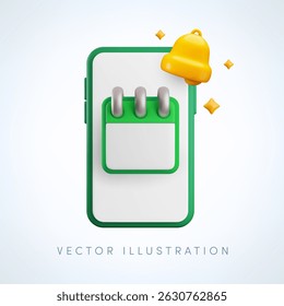 Ícone de lembrete de calendário móvel 3d de desenhos animados vetoriais. Renderização realista do calendário e alerta sino na tela do smartphone. Gerenciamento de tempo, conceito de cronograma, aplicativo de lembrete de prazo, faixa de planejamento de trabalho.