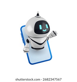 Vektor Cartoon 3D Mobile Chat Bot Illustration. Realistische 3D-Rendering süßen Roboter Charakter auf Smartphone-Bildschirm. Künstliche Intelligenz Technologie, KI Innovation Bildung und Arbeit Service App-Konzept.