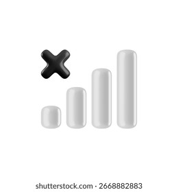 Vector cartoon 3d mobile no signal sign. 3d Render of empty white signal strength icon with black cross. Plastic 5G Network disconnect symbol for infographic, web, app, design, game.