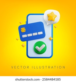 Vector cartoon 3d Mobile payment banner. 3d render credit card, check mark tick, message speech bubble on smartphone screen. Electronic banking successful transaction, completed online purchase.