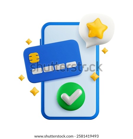 Vector cartoon 3d Mobile payment concept. 3d render credit card, check mark tick, message speech bubble on smartphone screen. Approved online purchase, electronic banking successful transaction banner