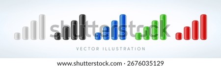 Vector cartoon 3d mobile signal sign color set. 3d Render of white, black, blue, green, red signal icon. Plastic 5G Network symbol collection for infographic, web, app, design, game.