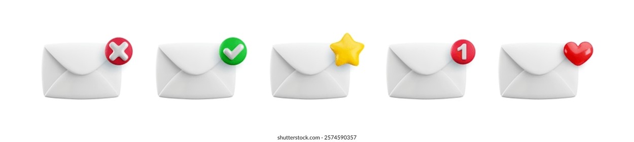 Vector cartoon 3d New email icon set. Realistic 3d render envelope with notification bubble, checkmark, star, heart. Email incoming message notification. Cute mail symbol collection for web, app.