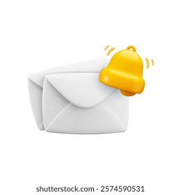 Vector cartoon 3d New email notice icon. Cute realistic 3d render envelope with bell notification sign. Mail incoming message reminder. Subscribe to newsletter symbol for web, social media app, game.