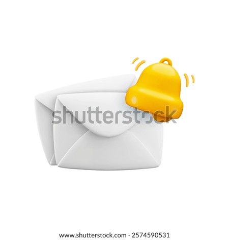Vector cartoon 3d New email notice icon. Cute realistic 3d render envelope with bell notification sign. Mail incoming message reminder. Subscribe to newsletter symbol for web, social media app, game.