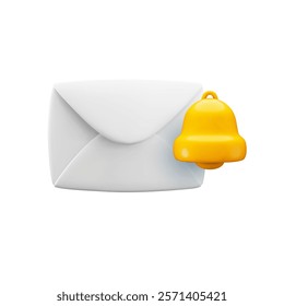 Vector cartoon 3d New message notice icon. Realistic 3d render envelope with bell notification sign. Email incoming message reminder. Subscribe to newsletter symbol for web, social media app.