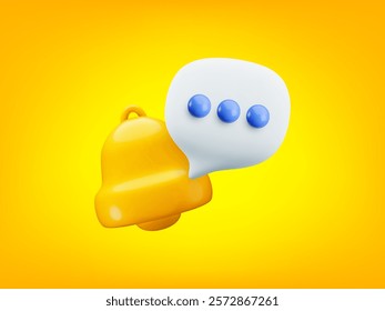 Vector cartoon 3d new message notification background. Realistic render of gold bell and chat speech bubble on yellow. Incoming inbox illustration. Subscribe to newsletter push reminder 3d concept.