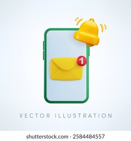 Vector cartoon 3d New message notification illustration. Realistic 3d render envelope with notification sign and bell on smartphone screen. Email incoming message, unread mobile mail symbol.