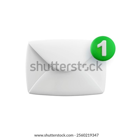 Vector cartoon 3d New message icon. Realistic 3d render envelope and green notification number 1 sign. Email incoming message notification, unread mail symbol. Design element for social media app, web