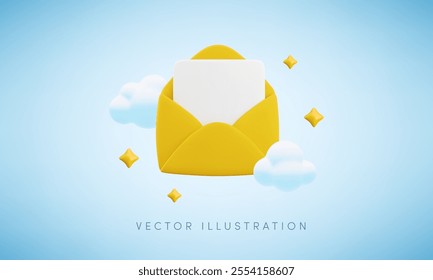 Vector cartoon 3d newsletter subscription concept. Realistic 3d render flying yellow open envelope with letter, stars and clouds on blue background. New message notification. Cute email services sign.