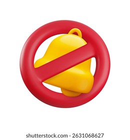 Vector cartoon 3d no call allowed icon. Realistic 3d render of gold bell in red circle prohibition sign. Turn off mobile phone notification, alarm forbidden, silence mode, do not disturb, quiet zone.