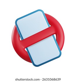 Vector cartoon 3d no phone allowed icon. Realistic 3d render of smartphone in red circle prohibition sign. Turn off mobile phone restriction public sign, do not use telephones, calls forbidden concept
