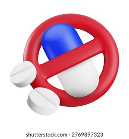 Vector cartoon 3d no pills icon. Prohibition sign of drugs, antibiotic, pills and capsules. 3d render capsule in red circle. Medical restriction. Antibiotic forbidden. Anti-drug awareness concept.