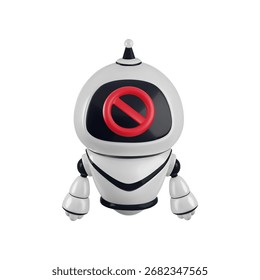 Vetor Cartoon 3d Sem robôs sinal de proibição. Ícone de bloco vermelho redondo de renderização 3d na tela de rosto de robô. Proibir o conteúdo gerado por IA, uso proibido de Inteligência Artificial, apenas humano, bloqueou o robô de bate-papo.