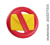 Vector cartoon 3d no spam icon. Realistic 3d render of yellow envelope in red circle prohibition sign. No mail sign, forbidden mailing, do not send message notification, restriction sticker.