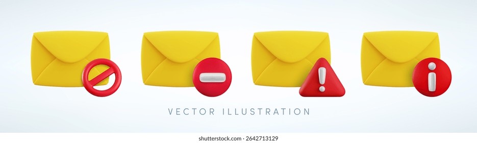 Vector cartoon 3d no spam mail icon set. Realistic 3d render of yellow envelope with red circle stop, attention, info and exclamation sign. Forbidden mailing, blocked message notification sticker.