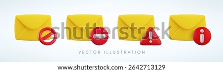 Vector cartoon 3d no spam mail icon set. Realistic 3d render of yellow envelope with red circle stop, attention, info and exclamation sign. Forbidden mailing, blocked message notification sticker.